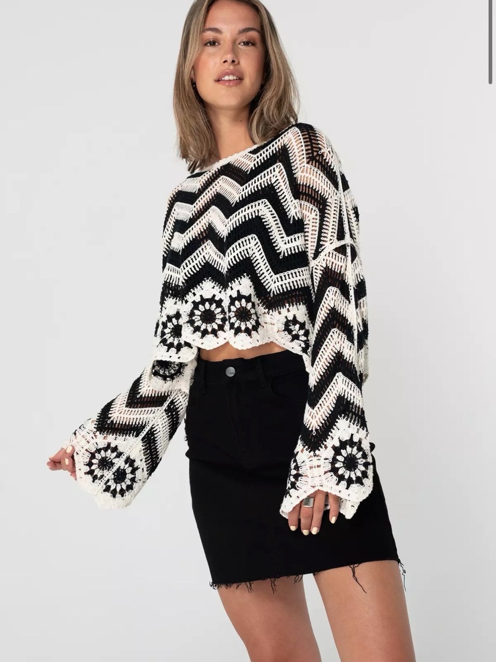 A616. Crochet Chevron Sweater Black & Cream - Picture 5 of 5